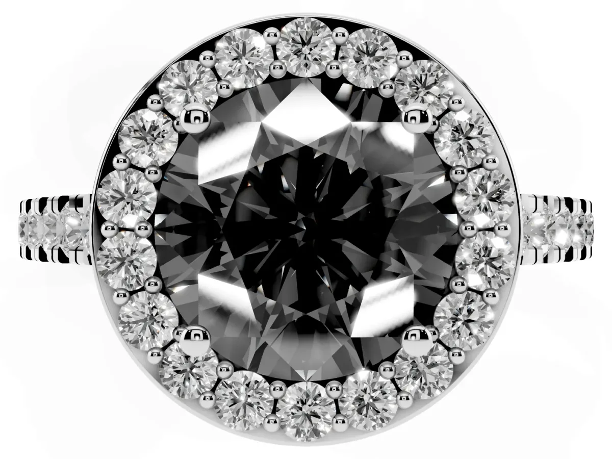 Fancy Black Round Cut Diamond Halo Ring with Round Pavé Split Shank and Prong Setting Platinum