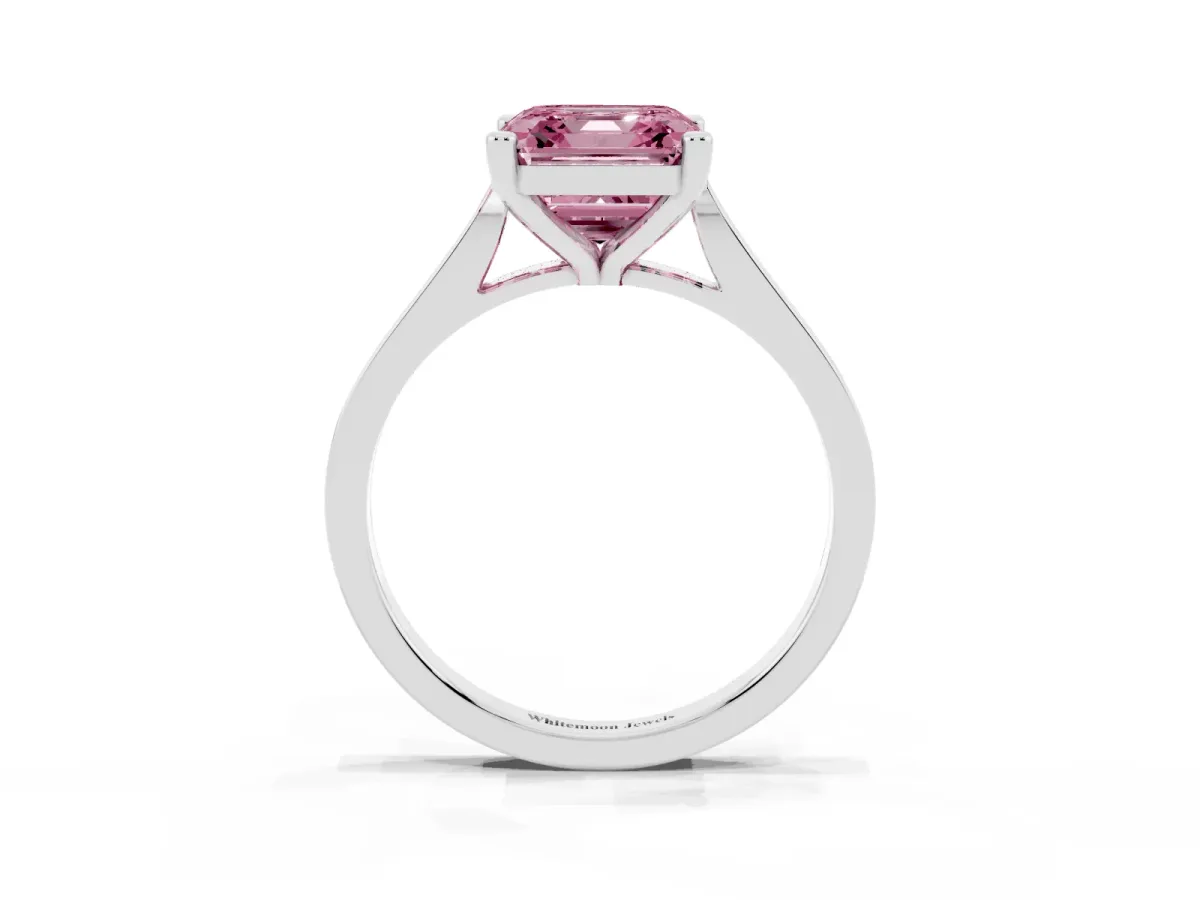 Fancy Pink Asscher Cut Solitaire Diamond Ring with Four-Prong Setting and Tapered Band Platinum
