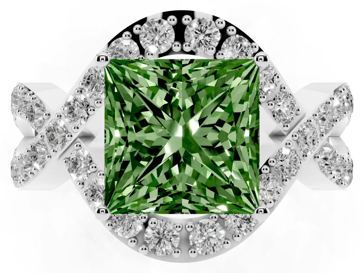 Fancy Green Princess Cut Solitaire Twist Band Pavé Diamond Engagement Ring Silver