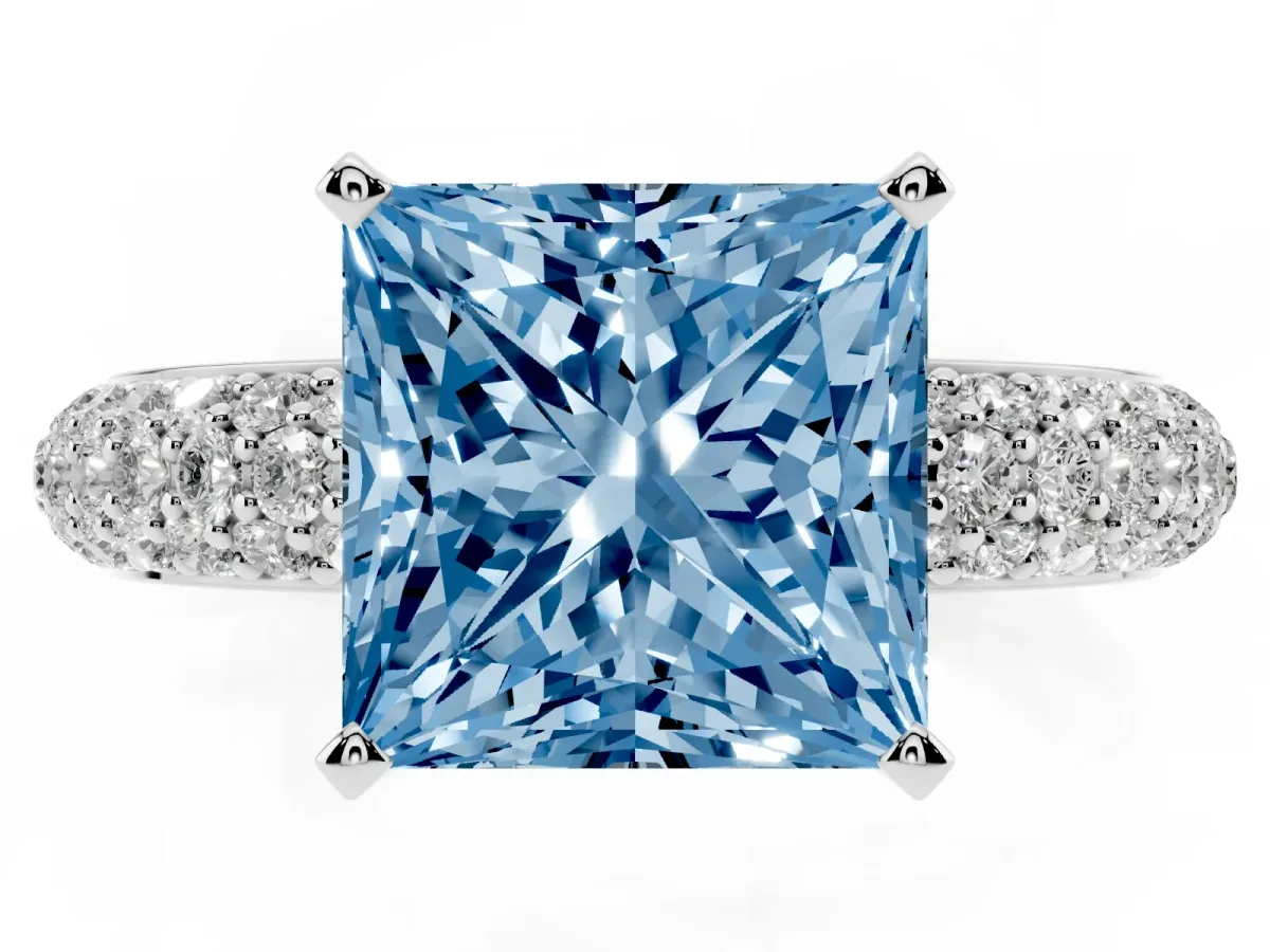 Fancy Blue Princess Cut Diamond Solitaire Ring with Prong Setting and Pavé Band Silver