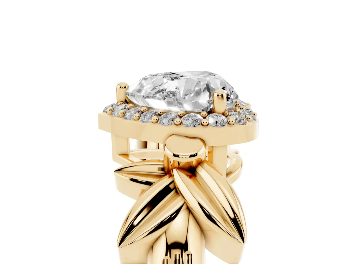 Heart Cut Halo Diamond Floral Band with Four-Prong Setting Yellow gold