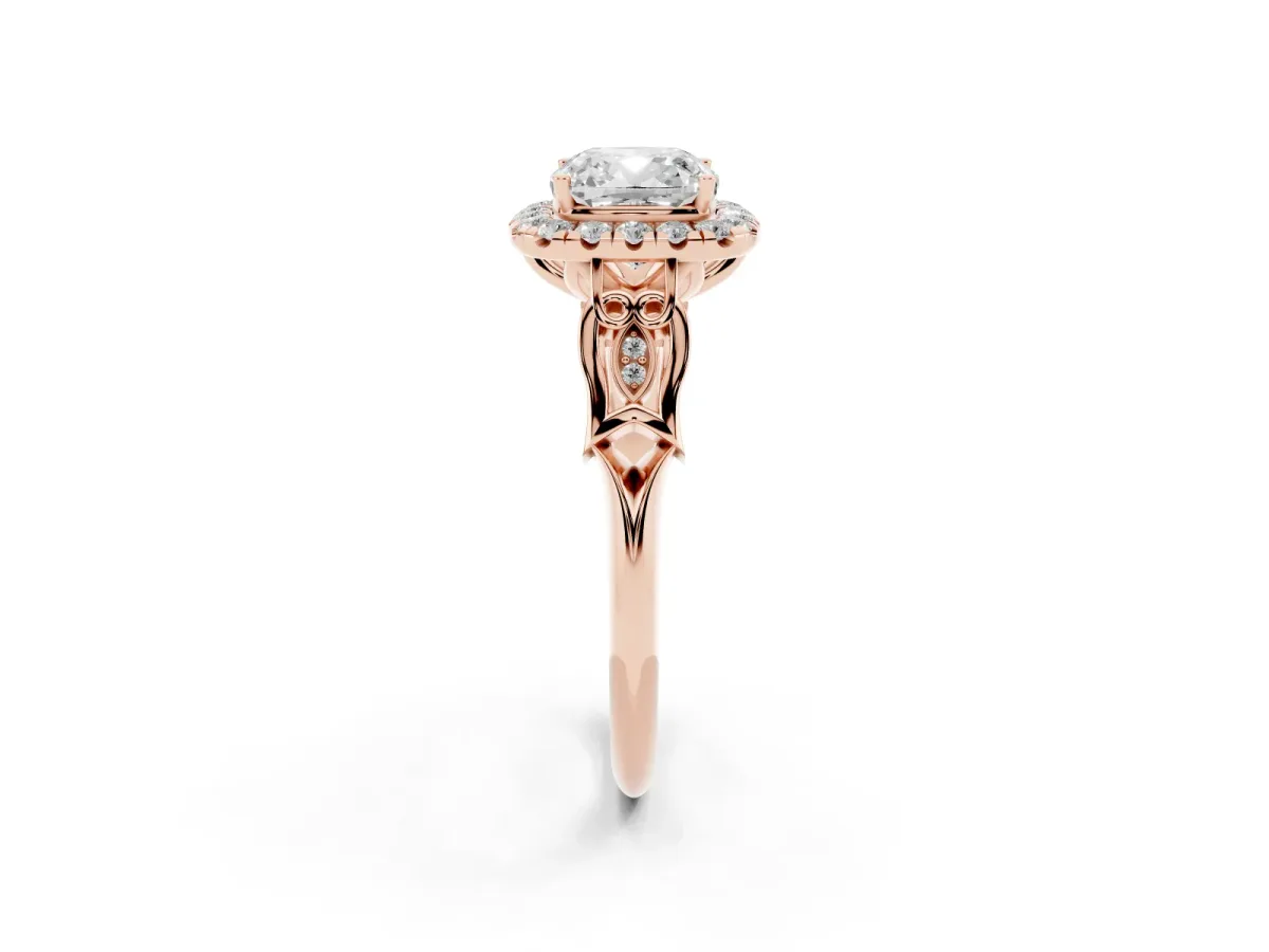 Cushion Cut Halo Diamond Engagement Ring with Filigree Band and Four-Prong Setting Rose gold