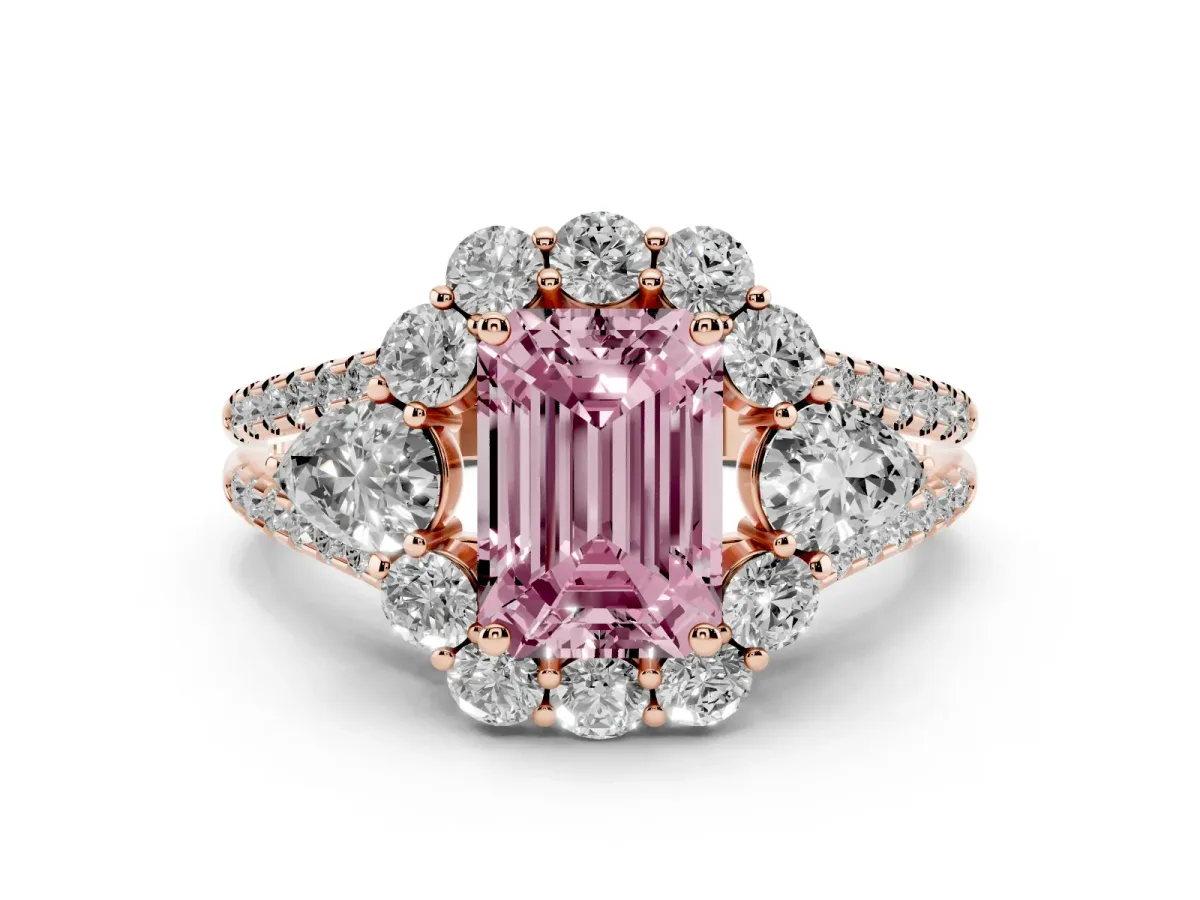 Fancy Pink Emerald Cut Halo Split Shank Diamond Engagement Ring with Prong Setting Rose gold