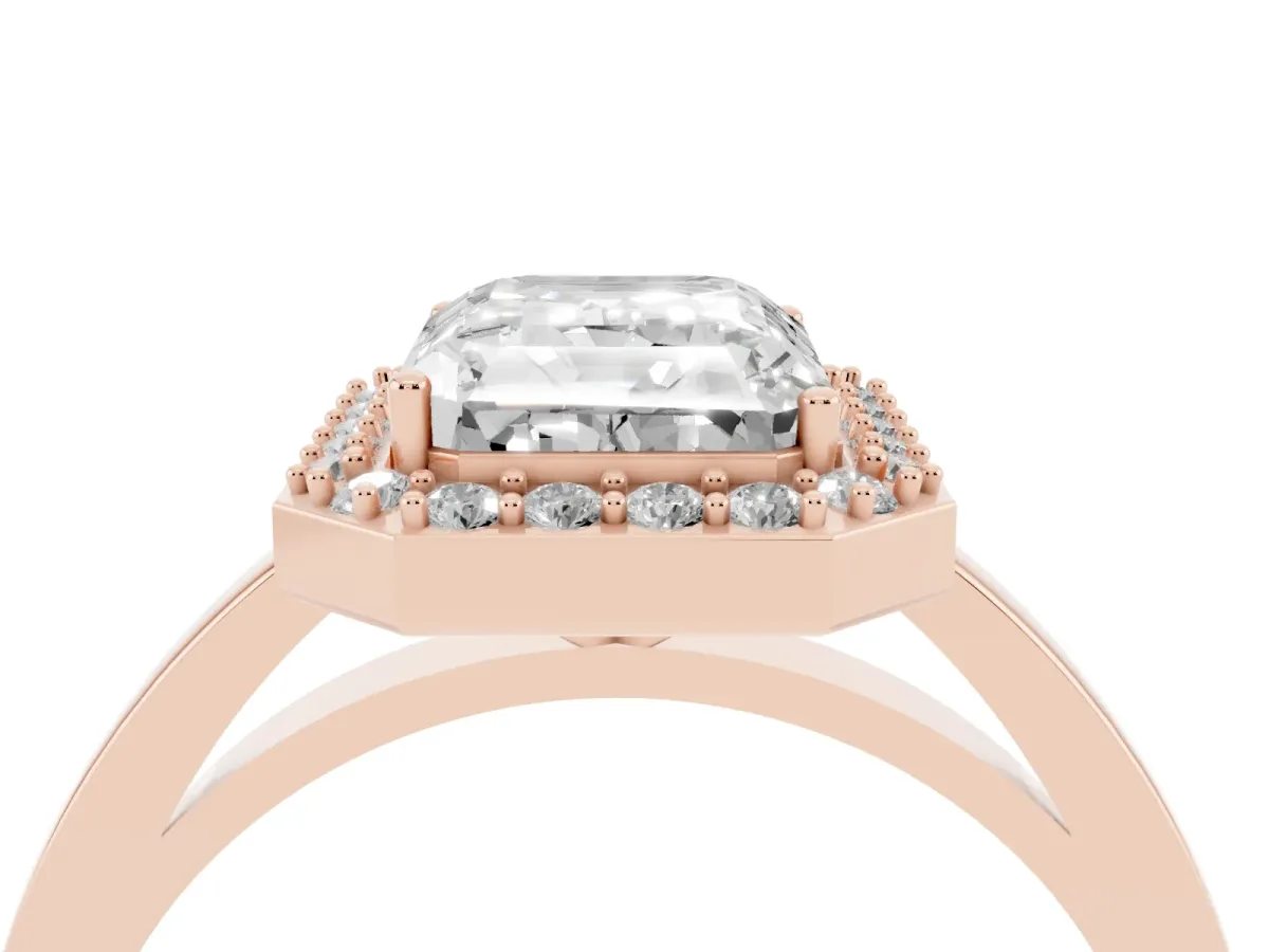 Radiant Cut Halo Diamond Ring with Solitaire Band and Prong Setting Rose gold