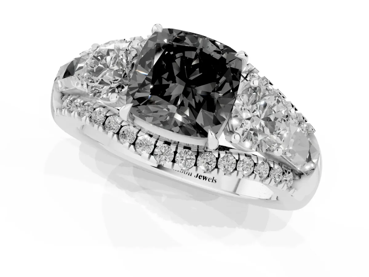 Fancy Black Three-Stone Cushion Cut Diamond Engagement Ring with Pave Band and Prong Setting Silver