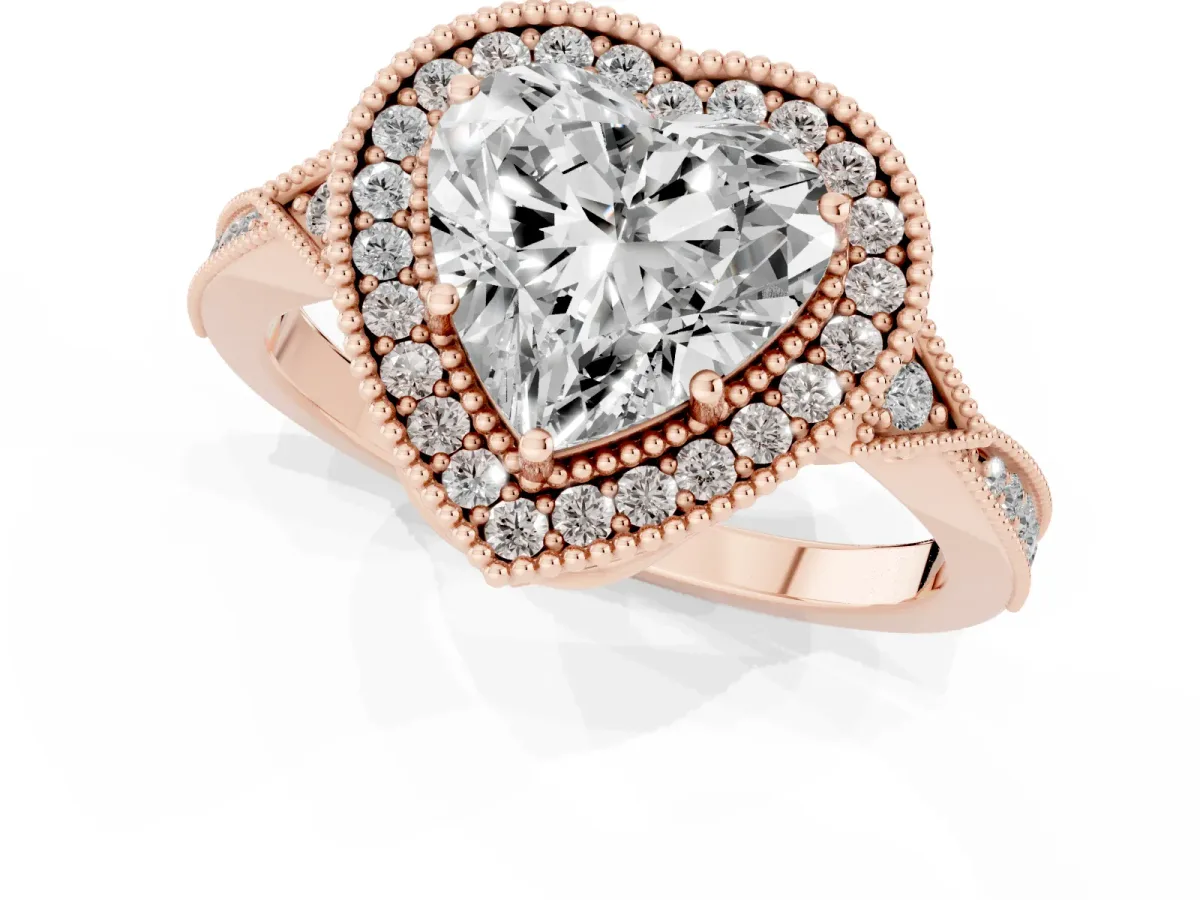 Heart Cut Halo Round Diamond Milgrain Pave Engagement Ring Rose gold