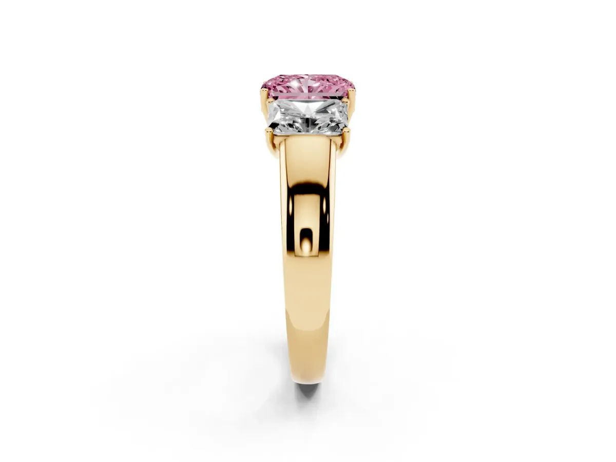 Fancy Pink Three-Stone Radiant Cut Cut Diamond Ring with Prong Setting and Classic Band Yellow gold