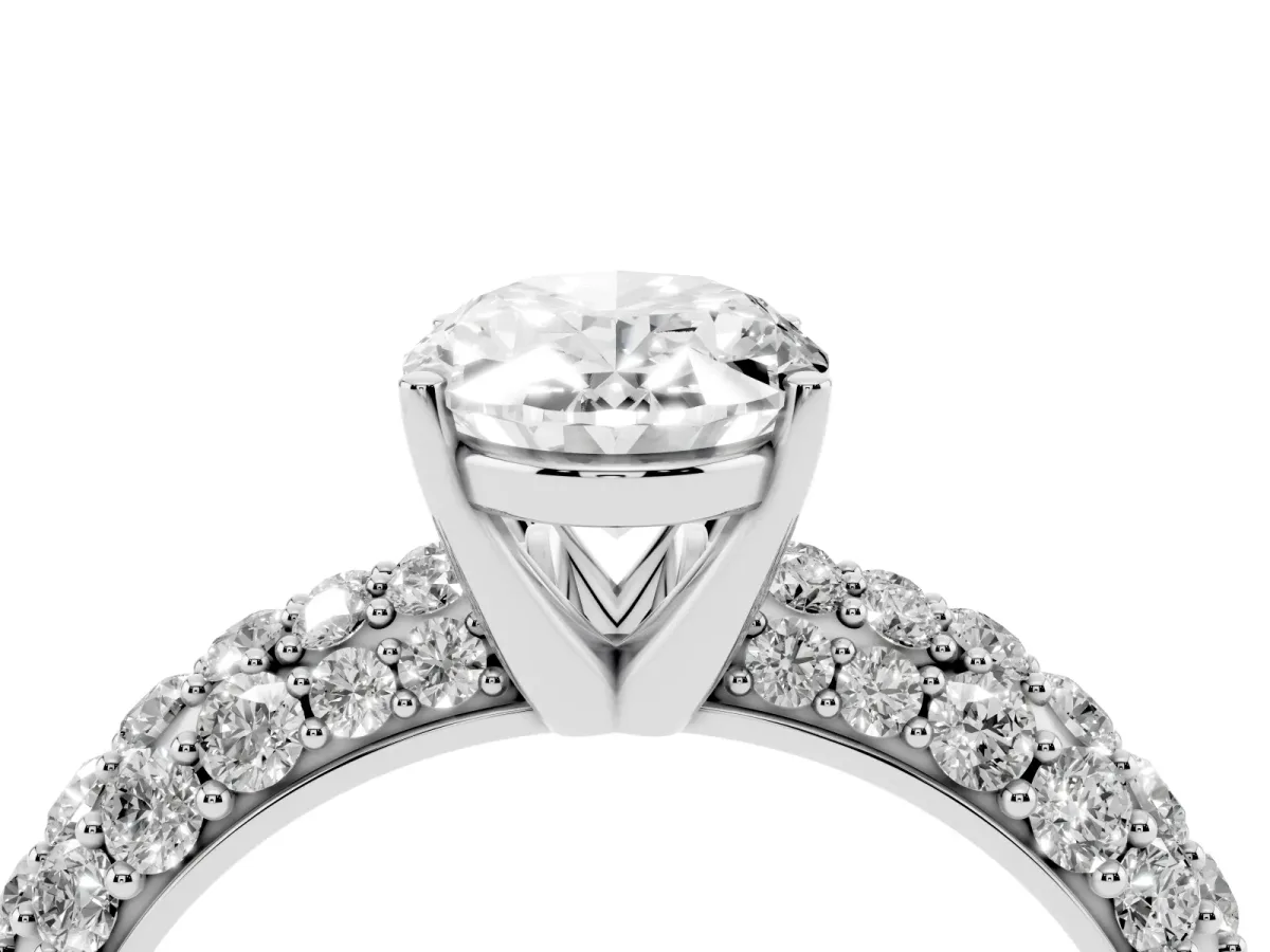 Oval Cut Diamond Pavé Band Solitaire Ring with Four-Prong Setting Silver
