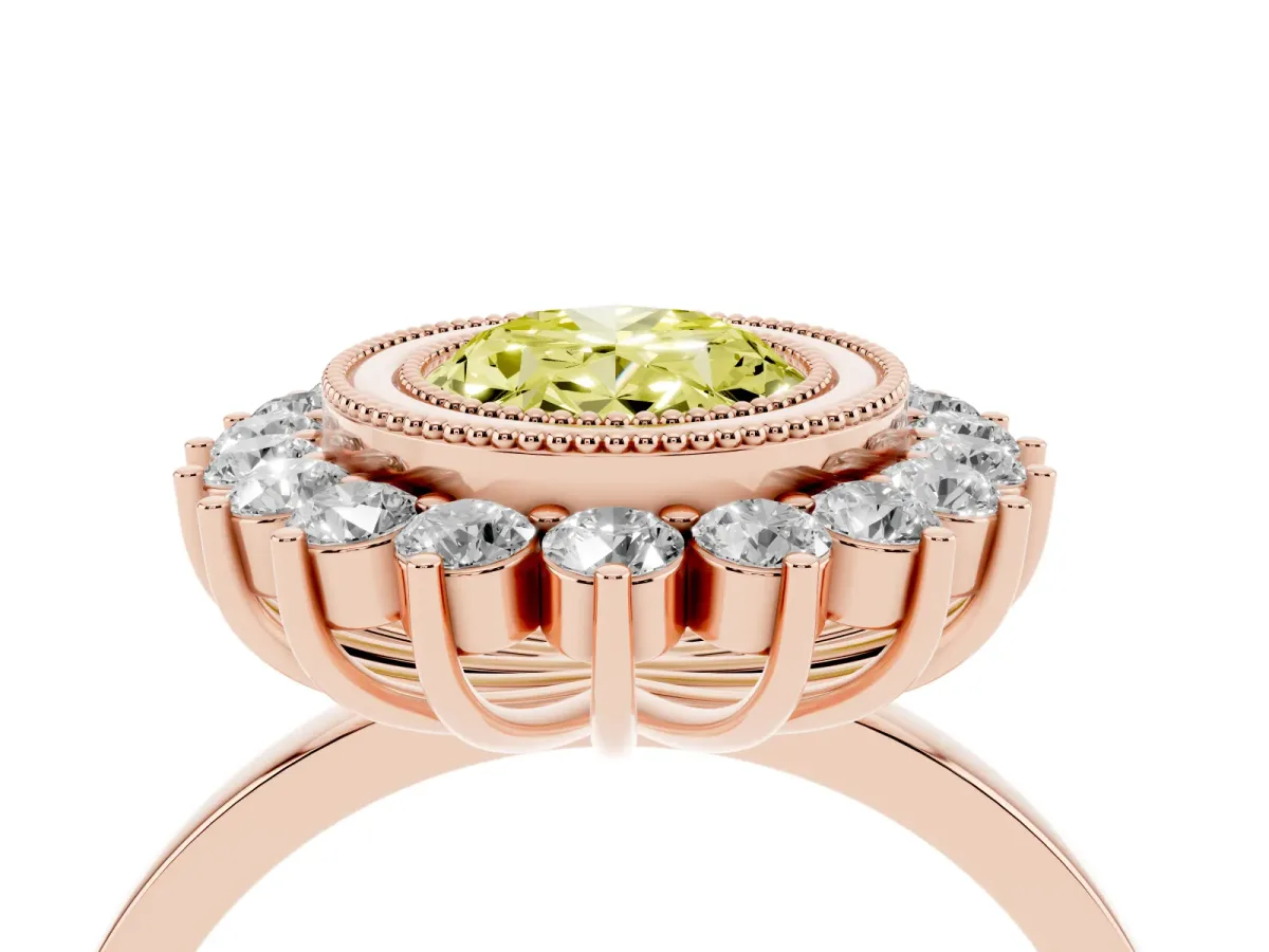 Fancy Yellow Oval Cut Halo Diamond Ring with Milgrain Edge and Round Prong Setting Rose gold