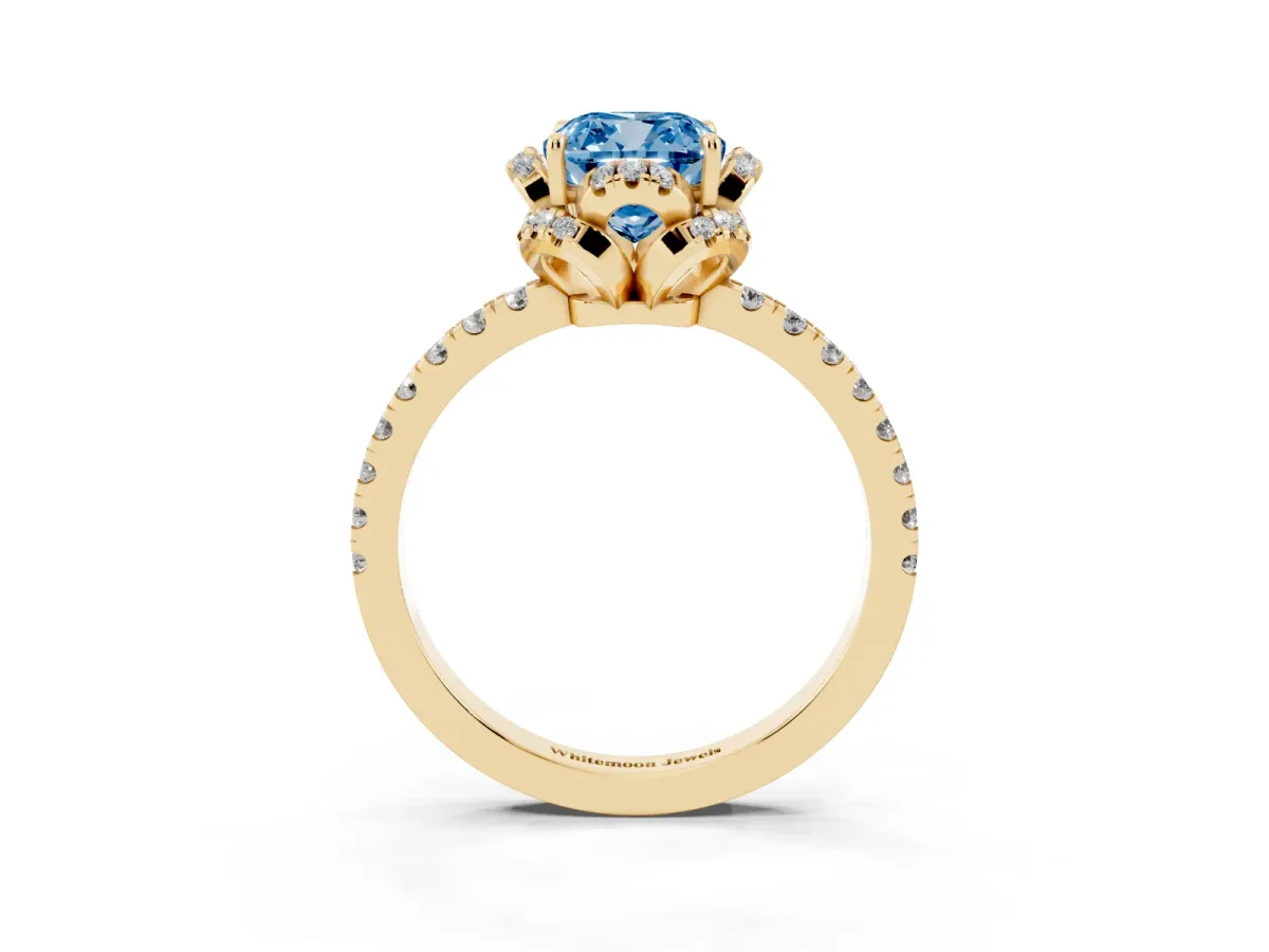 Fancy Blue Cushion Cut Halo Diamond Pave Band Ring with Four-Prong Setting Yellow gold