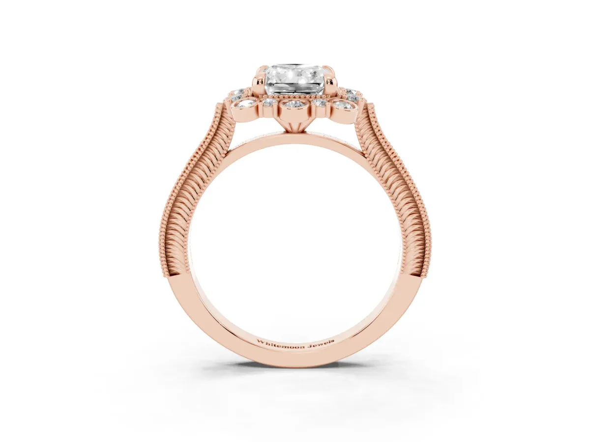 Radiant Cut Halo Milgrain Pave Diamond Ring with Four-Prong Setting Rose gold