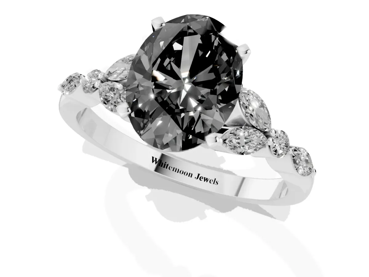 Fancy Black Oval Cut Diamond Solitaire Ring with Side Stones and Four-Prong Setting Silver