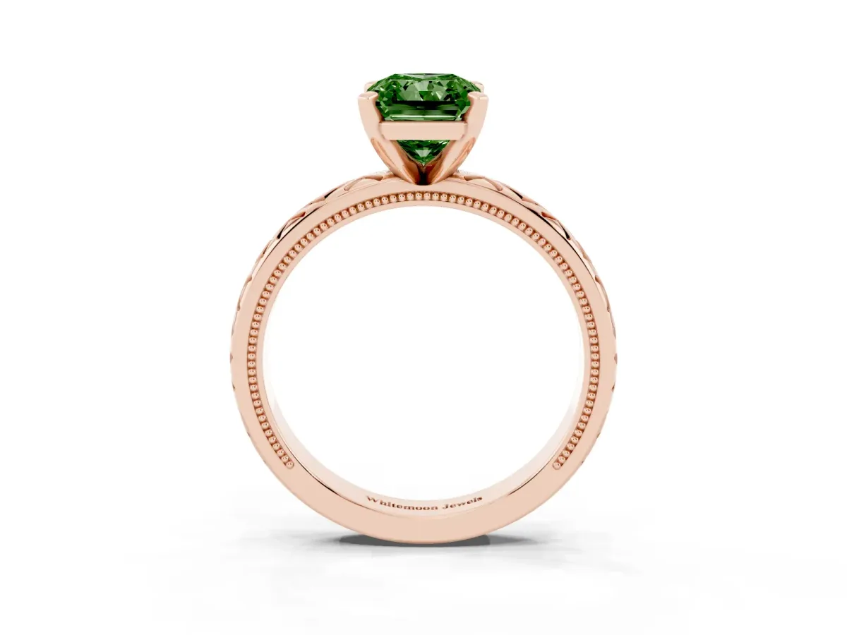 Fancy Green Radiant Cut Solitaire Diamond Ring with Milgrain and Black Enamel X Pattern Band Rose gold