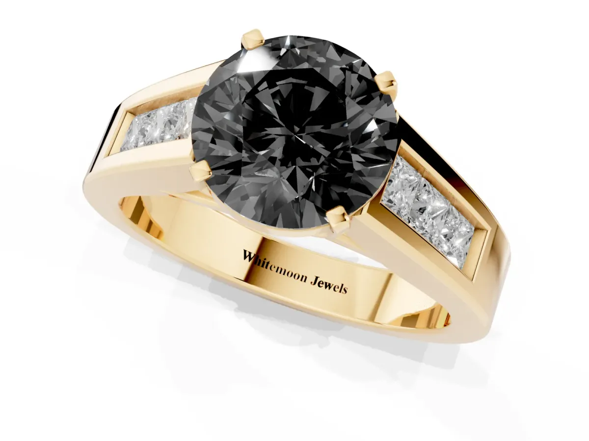 Fancy Black Round Cut Cut Channel Set Solitaire Ring with Four-Prong Setting Yellow gold