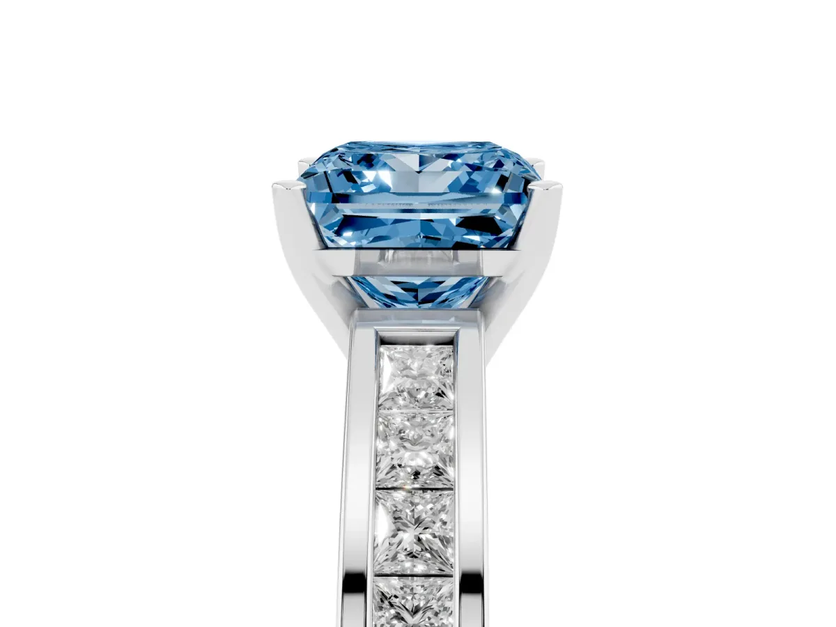 Fancy Blue Princess Cut Solitaire Diamond Ring with Channel-Set Band and Four-Prong Setting Platinum