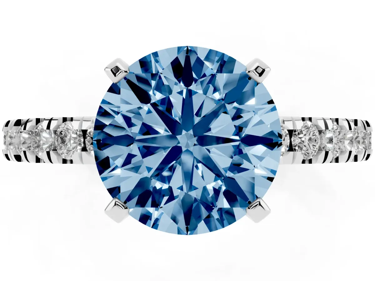 Fancy Blue Round Cut Solitaire Diamond with Pavé Band and Four-Prong Setting Silver
