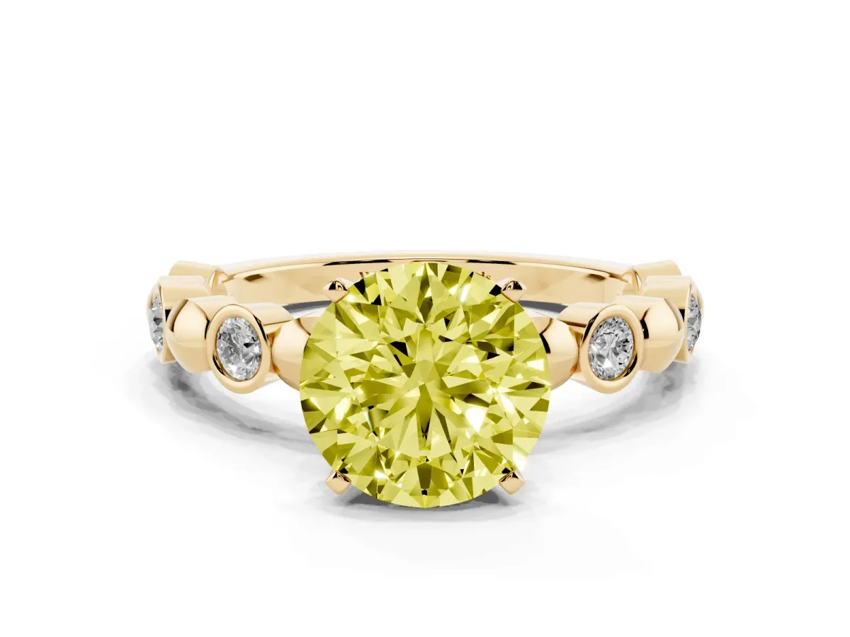 Fancy Yellow Round Cut Solitaire Bezel-Set Diamond Ring with Beaded Band and Four-Prong Setting Yellow gold