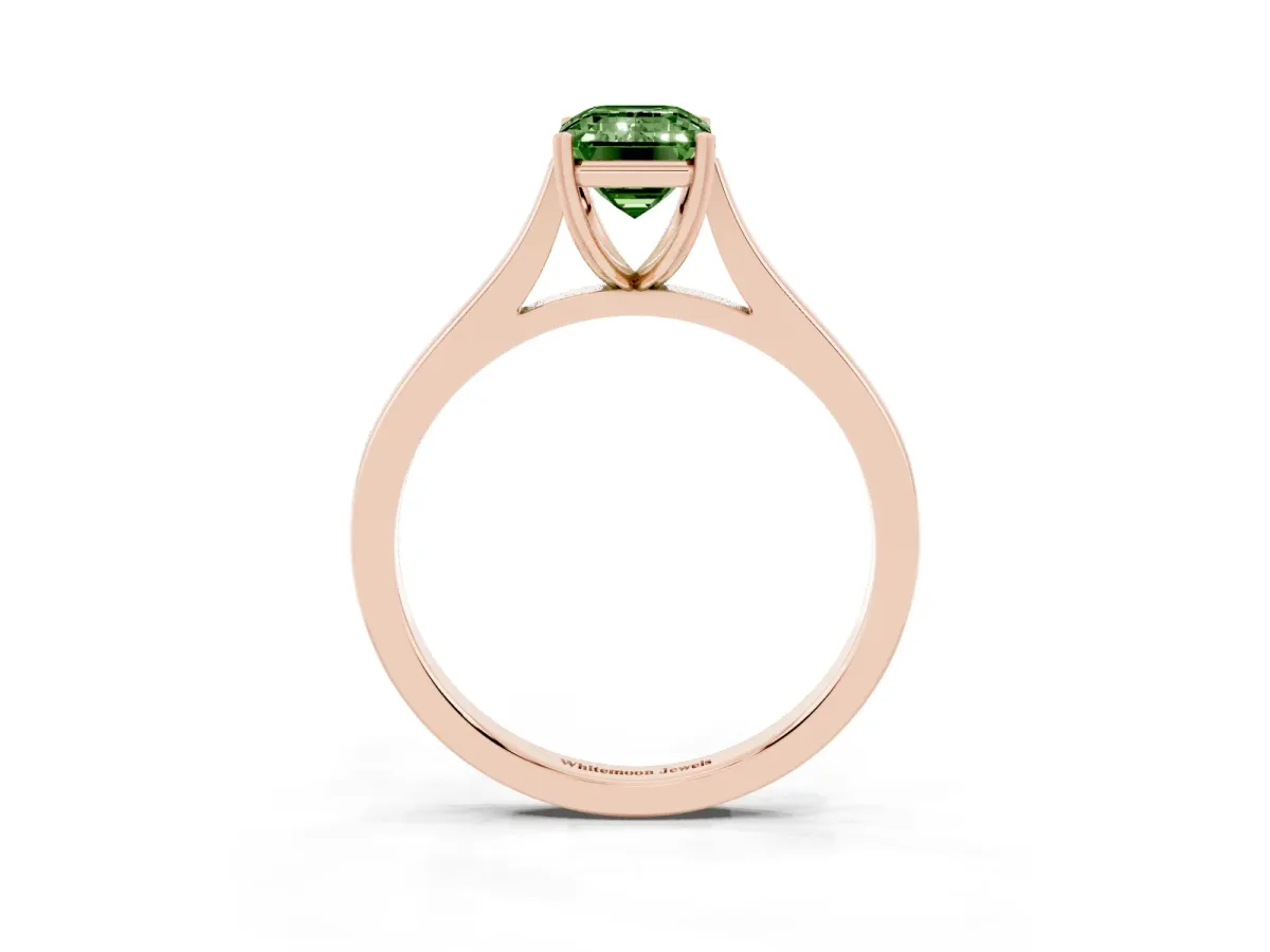 Fancy Green Emerald Cut Solitaire Heart Prong Engagement Ring with Tapered Band Rose gold