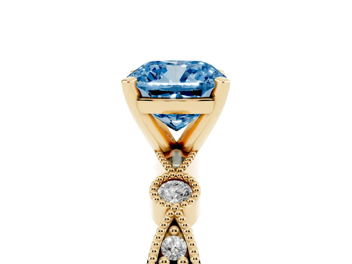 Fancy Blue Cushion Cut Milgrain Bezel Diamond Engagement Ring with Solitaire Prong Setting Yellow gold