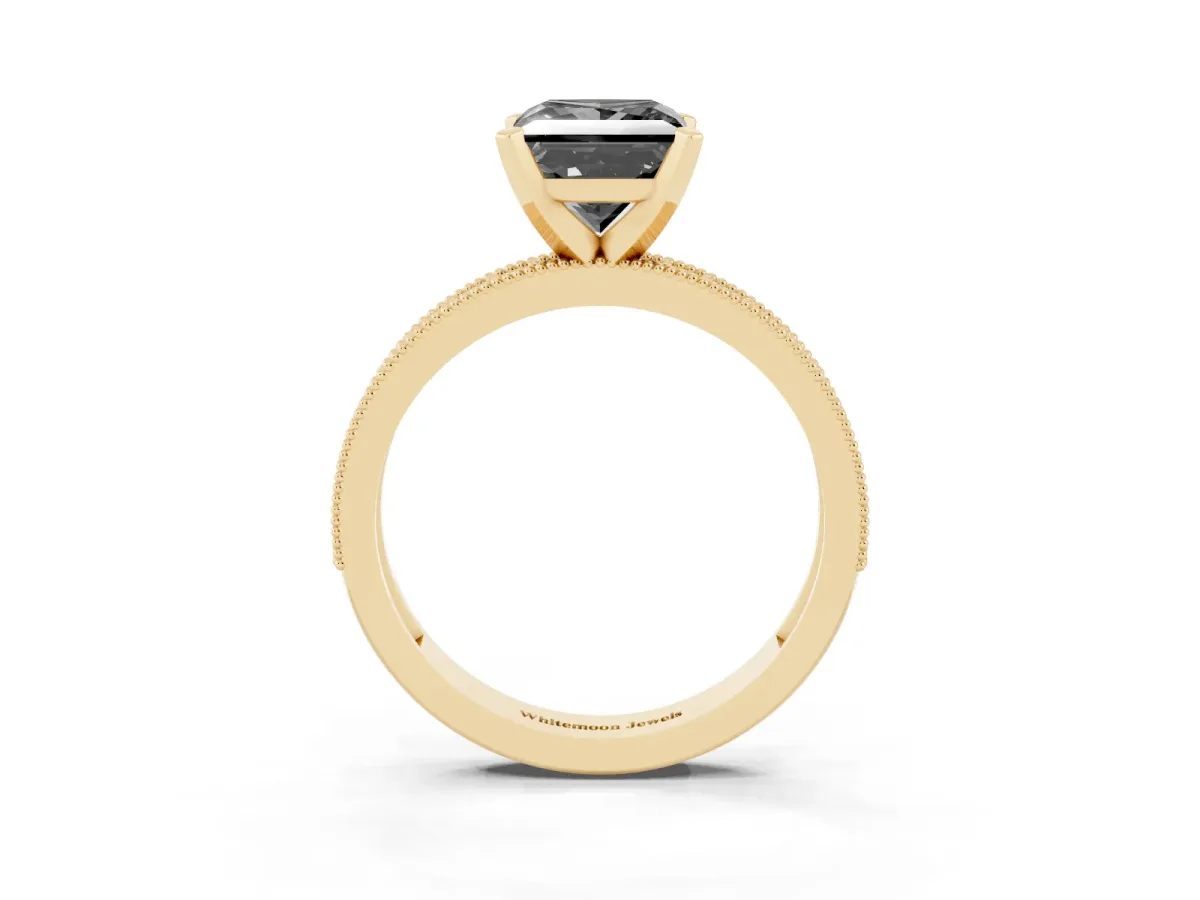 Fancy Black Princess Cut Diamond Milgrain Pavé Engagement Ring with Four-Prong Setting Yellow gold