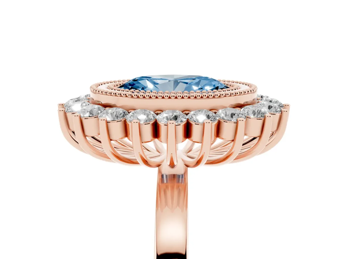 Fancy Blue Oval Cut Halo Diamond Ring with Milgrain Edge and Round Prong Setting Rose gold