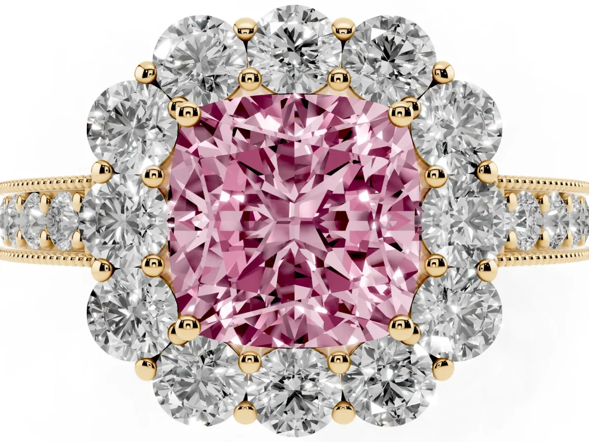 Fancy Pink Cushion Cut Cut Halo Diamond Pavé Engagement Ring with Milgrain Detailing Yellow gold