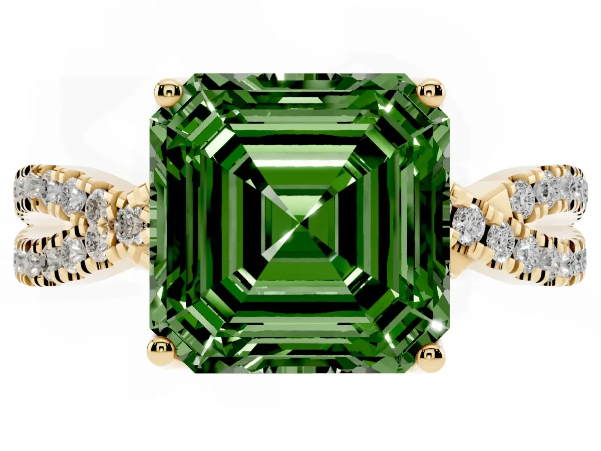 Fancy Green Asscher Cut Solitaire Twist Pave Diamond Engagement Ring with Prong Setting Yellow gold
