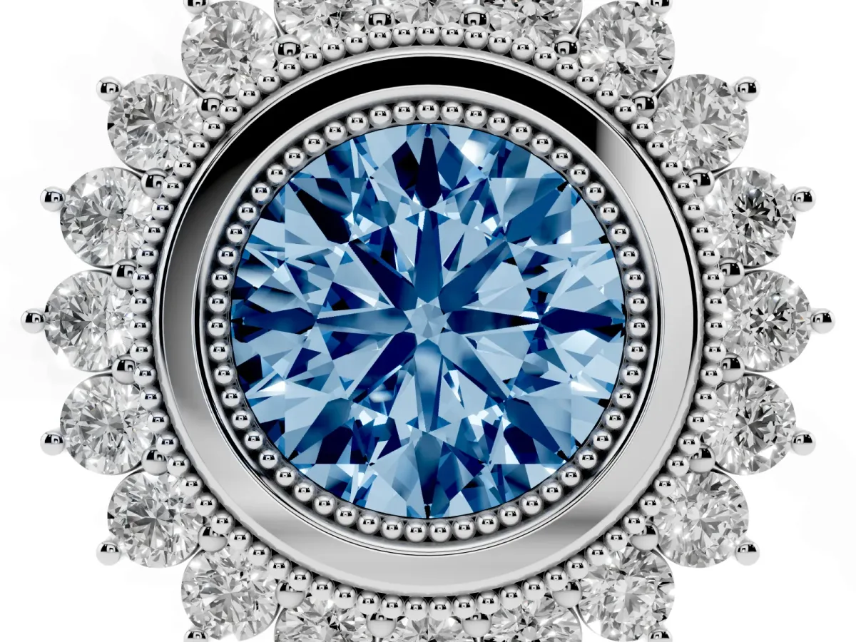 Fancy Blue Round Cut Halo Diamond Ring with Milgrain Edge and Round Prong Setting Silver