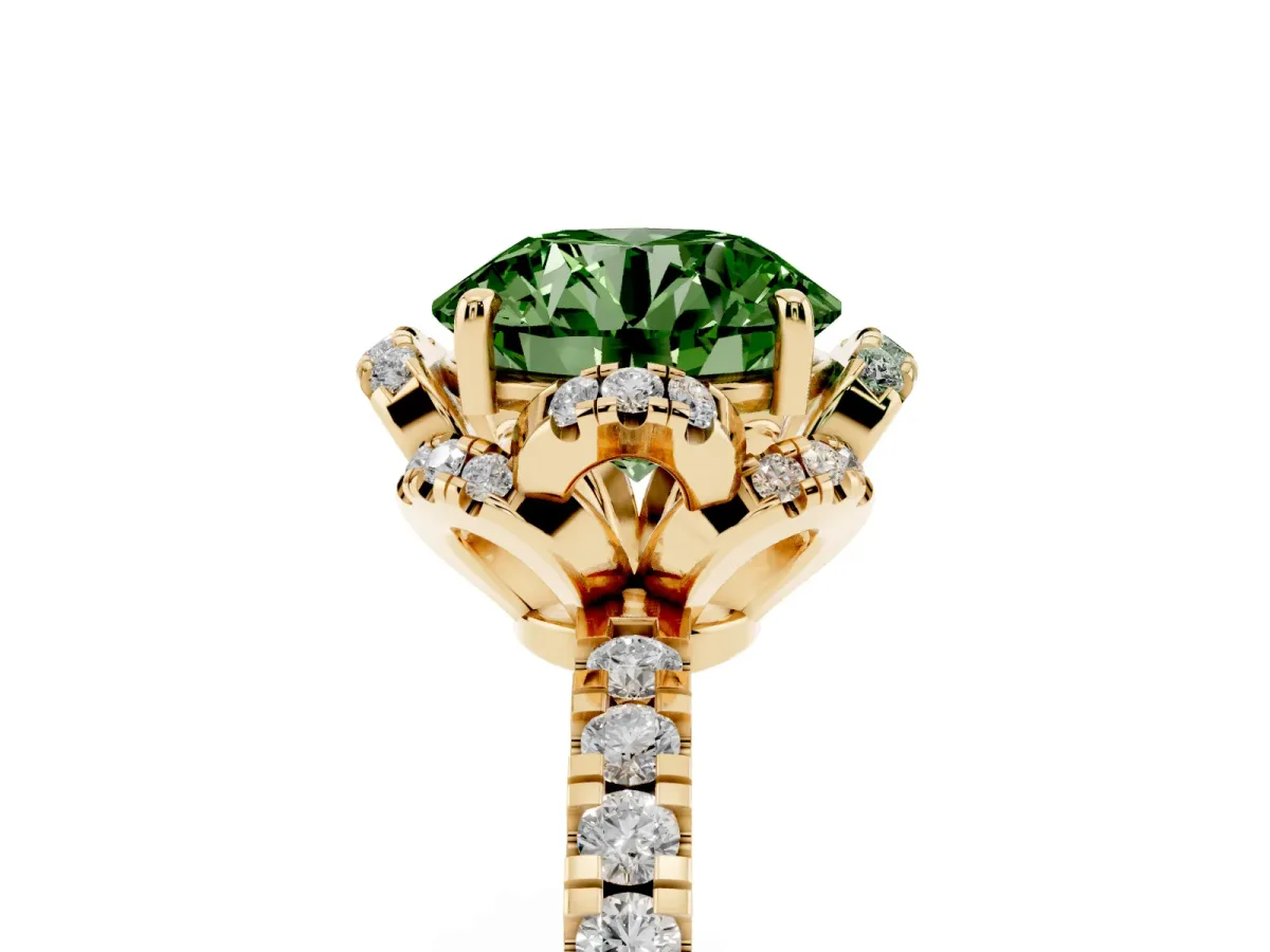 Fancy Green Round Cut Diamond Halo Pave Band with Four-Prong Setting Yellow gold