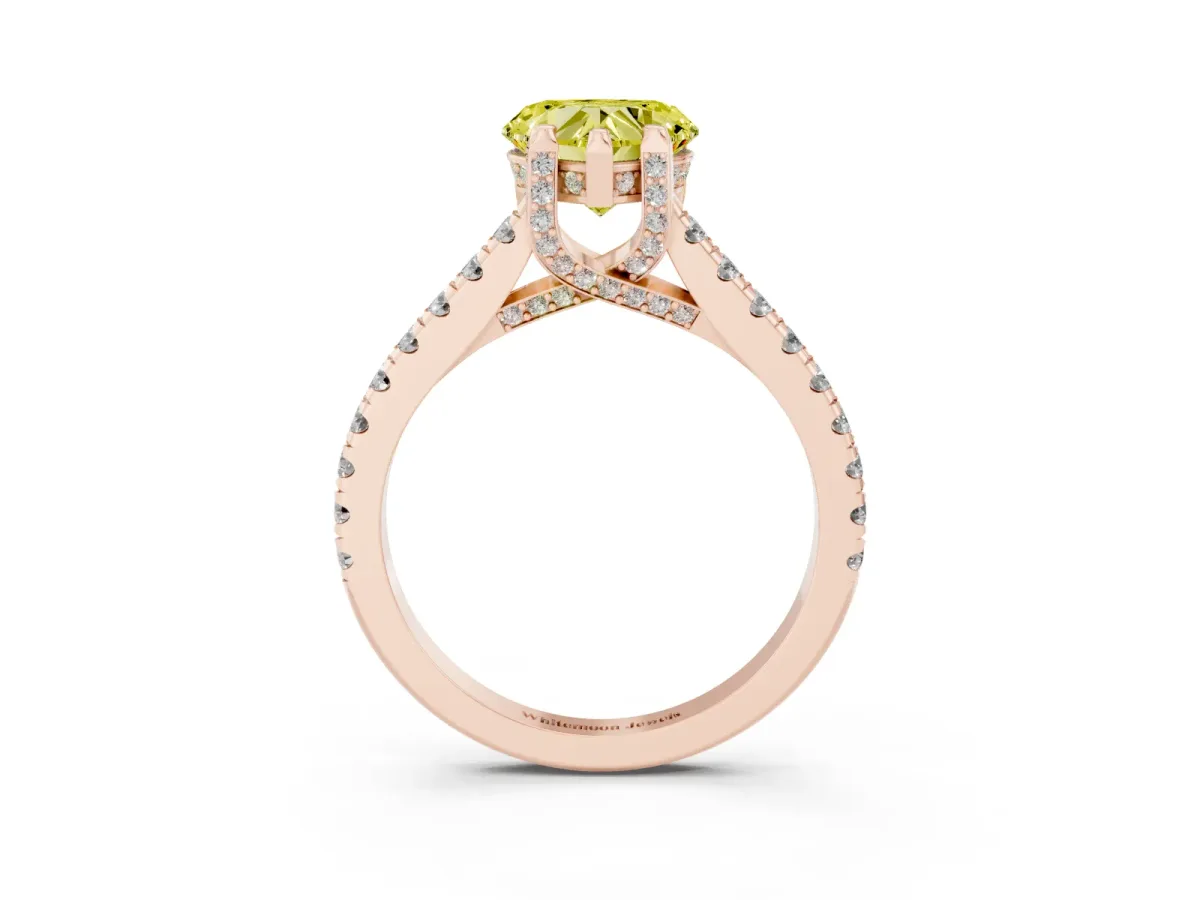 Fancy Yellow Heart Cut Brilliant Diamond Solitaire with Pavé Band and Four-Prong Setting Rose gold