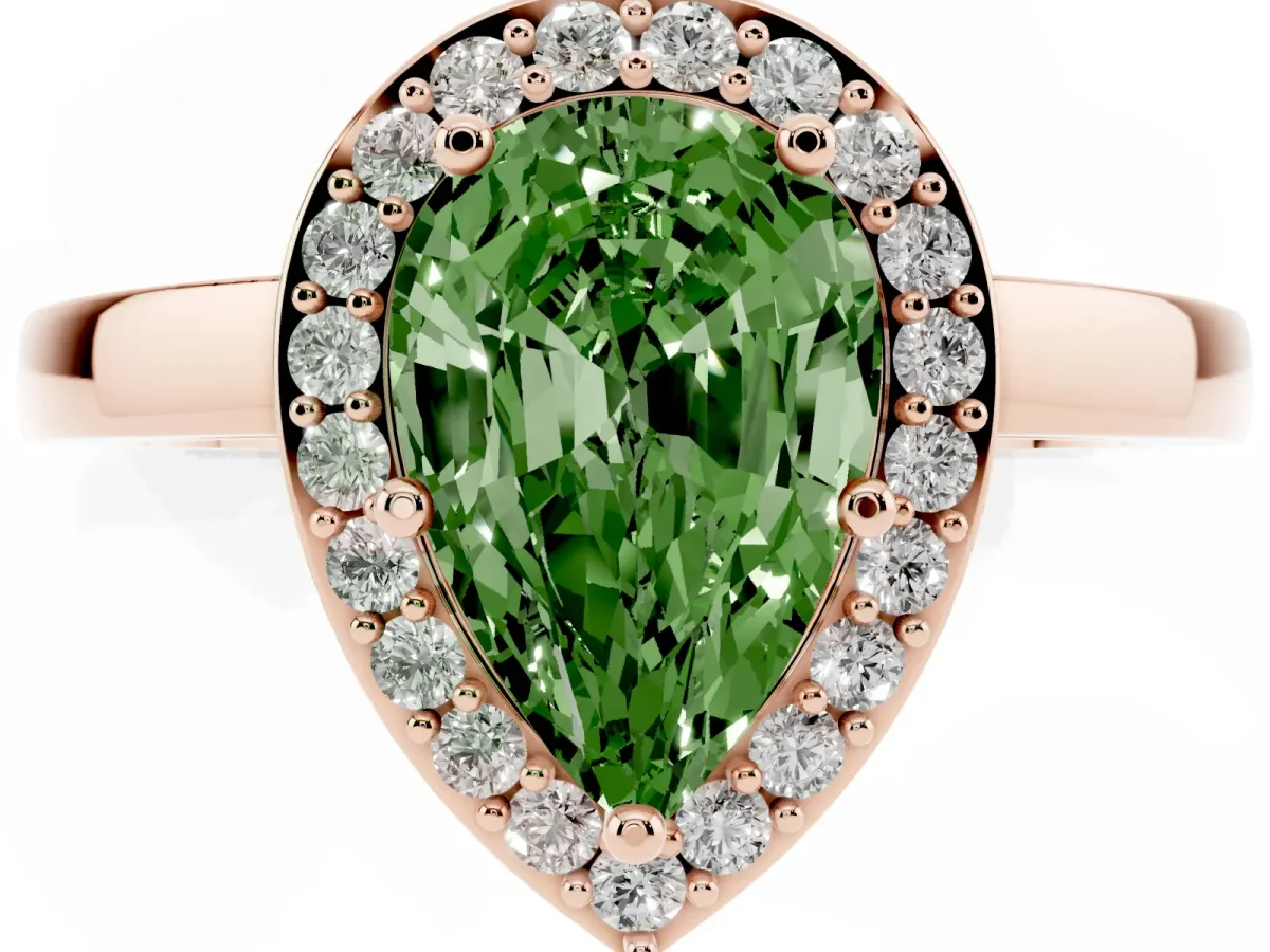 Fancy Green Pear Cut Halo Diamond Ring with Solitaire Band and Prong Setting Rose gold