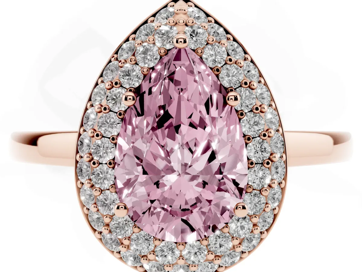 Fancy Pink Pear Cut Halo Diamond Engagement Ring with Solitaire Band and Four-Prong Setting Rose gold