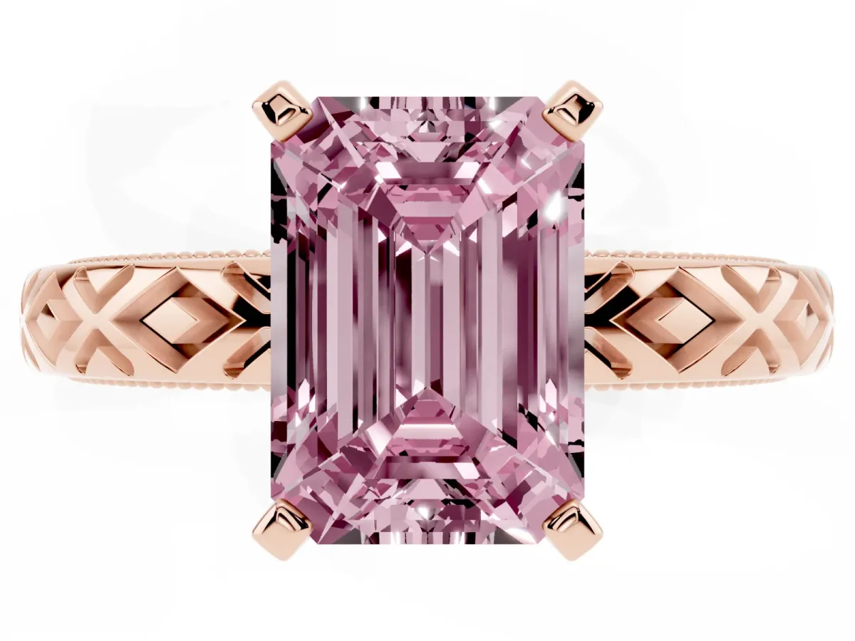 Fancy Pink Emerald Cut Solitaire Diamond Ring with Milgrain and Black Enamel X Pattern Band Rose gold