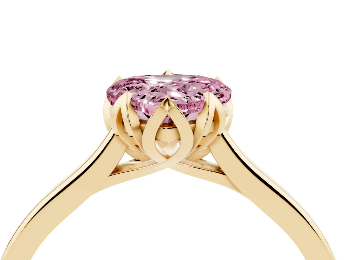Fancy Pink Heart Cut Diamond Solitaire Ring with Flower Prong Setting and Classic Band Yellow gold