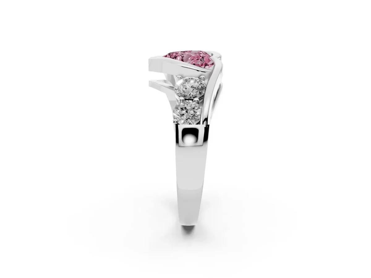 Fancy Pink Bezel Set Heart Cut Diamond Bypass Ring with Round Accents Platinum