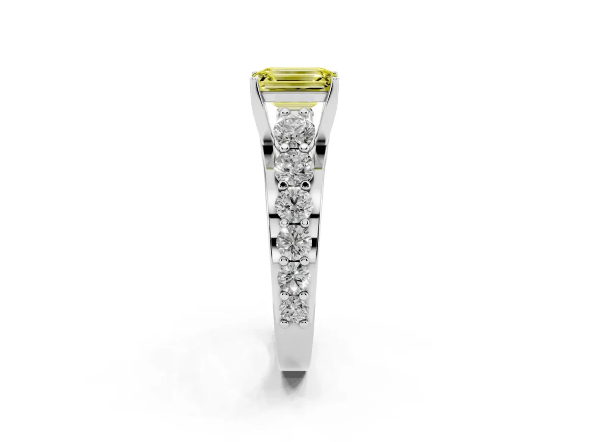 Fancy Yellow Emerald Cut Diamond Engagement Ring with Pavé Band and Four-Prong Setting Silver