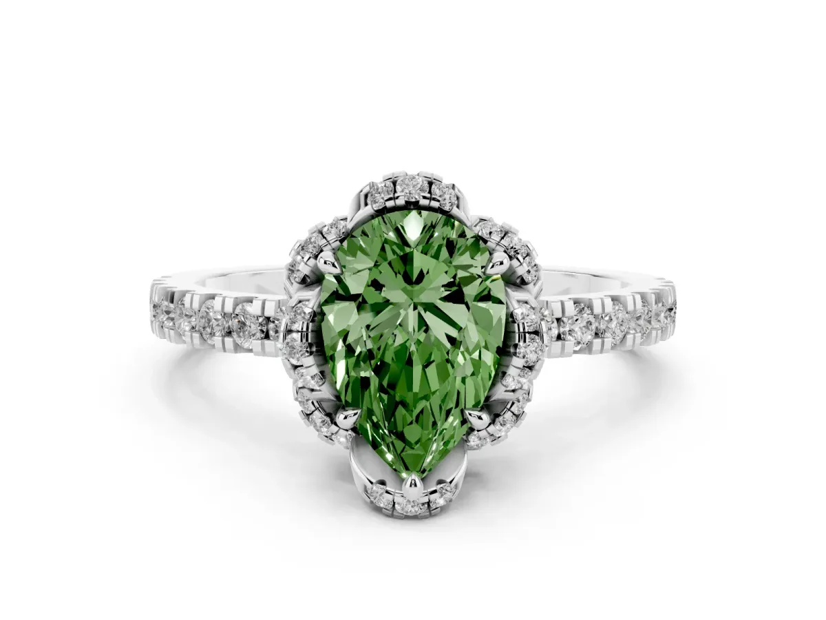 Fancy Green Pear Cut Halo Diamond Pave Band Ring with Four-Prong Setting Silver