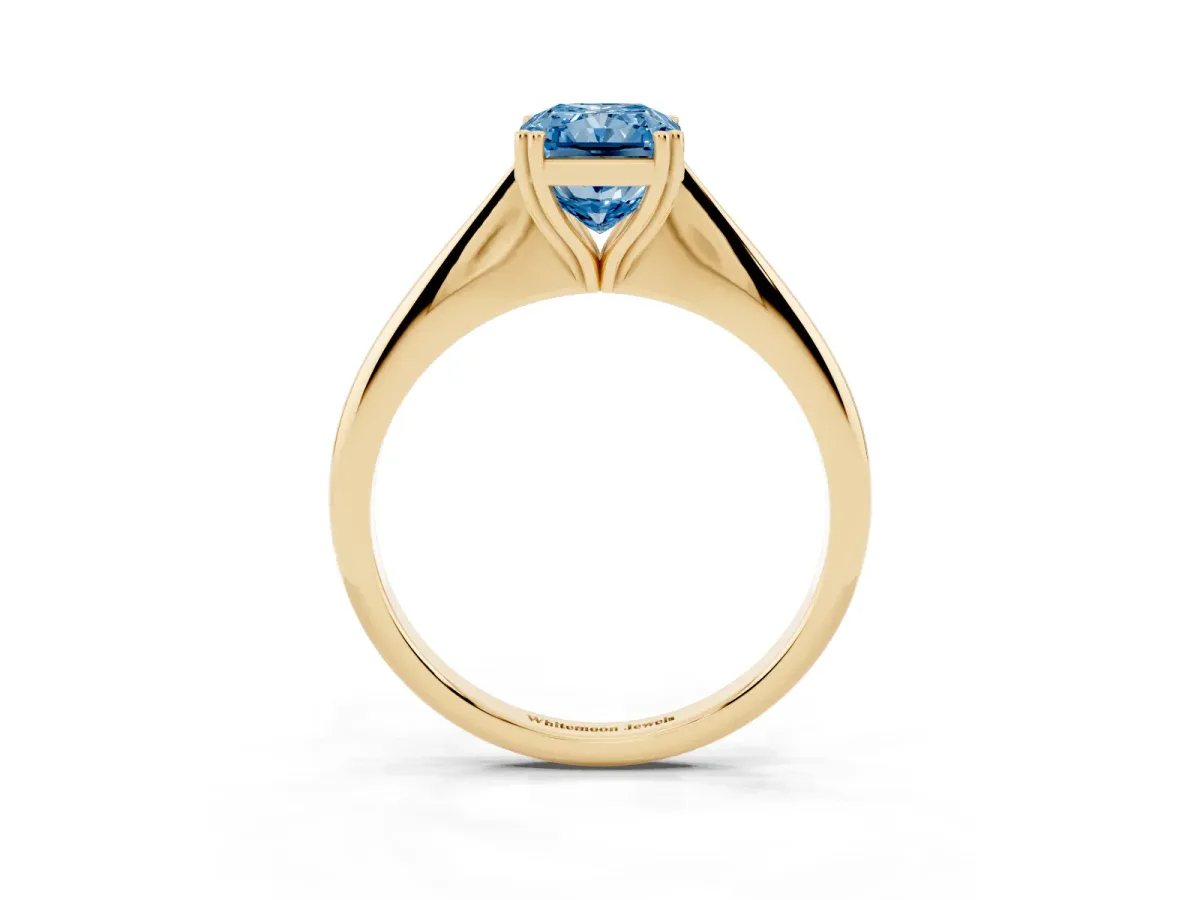 Fancy Blue Radiant Cut Solitaire Diamond Ring with Six-Prong Setting and Classic Band Yellow gold