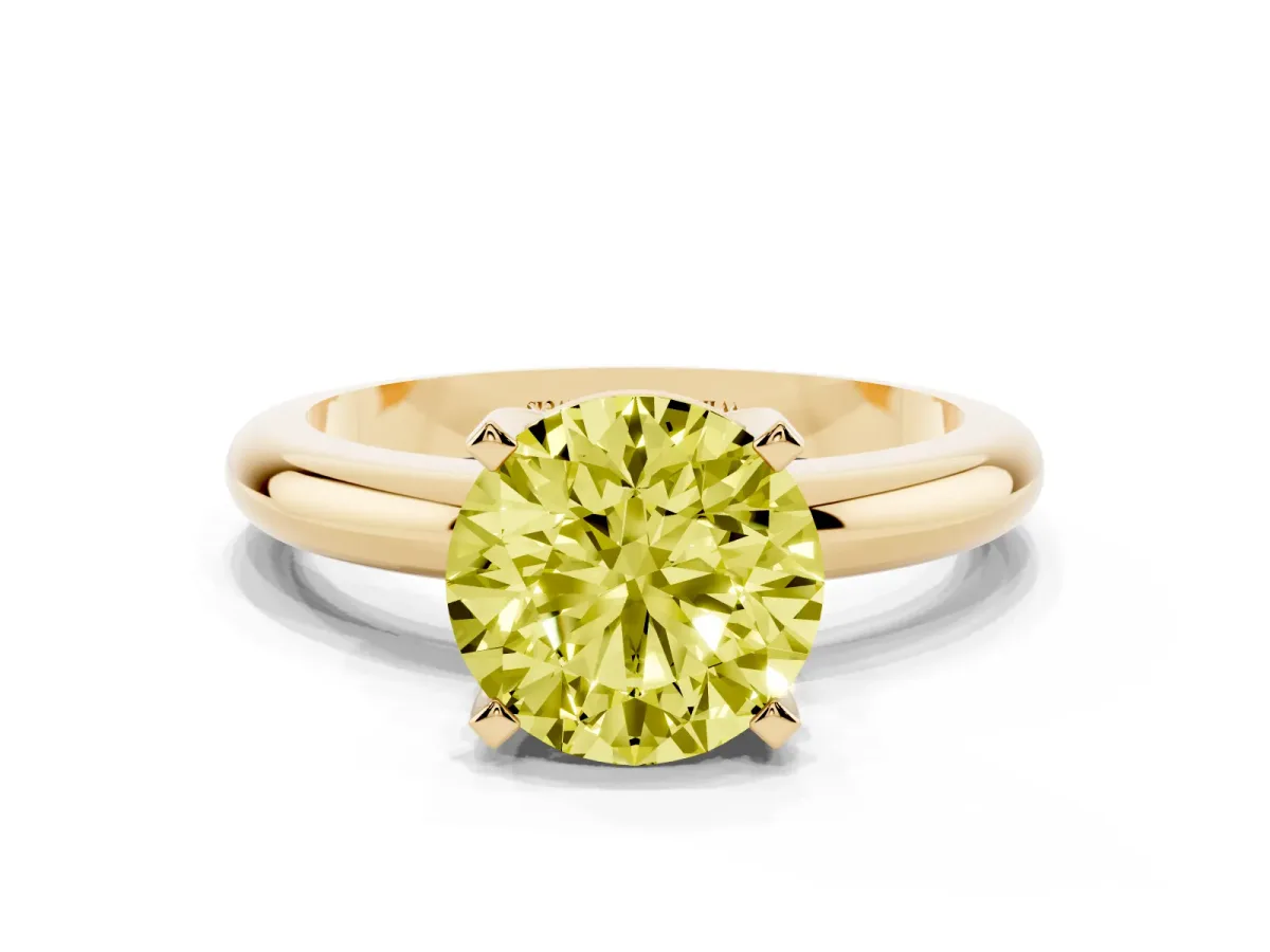 Fancy Yellow Round Cut Diamond Solitaire Engagement Ring with Round Band and Four-Prong Setting Yellow gold