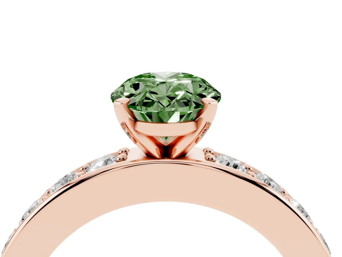 Fancy Green Oval Cut Diamond Engagement Ring with Channel Set Round Band and Prong Setting Rose gold