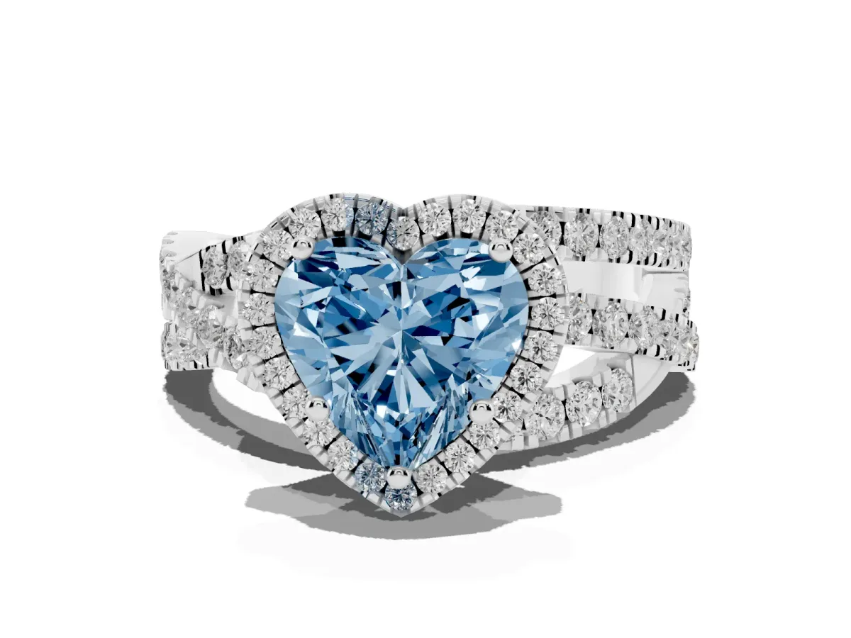 Fancy Blue Heart Cut Diamond Halo Ring with Round Split Shank and Prong Setting Silver