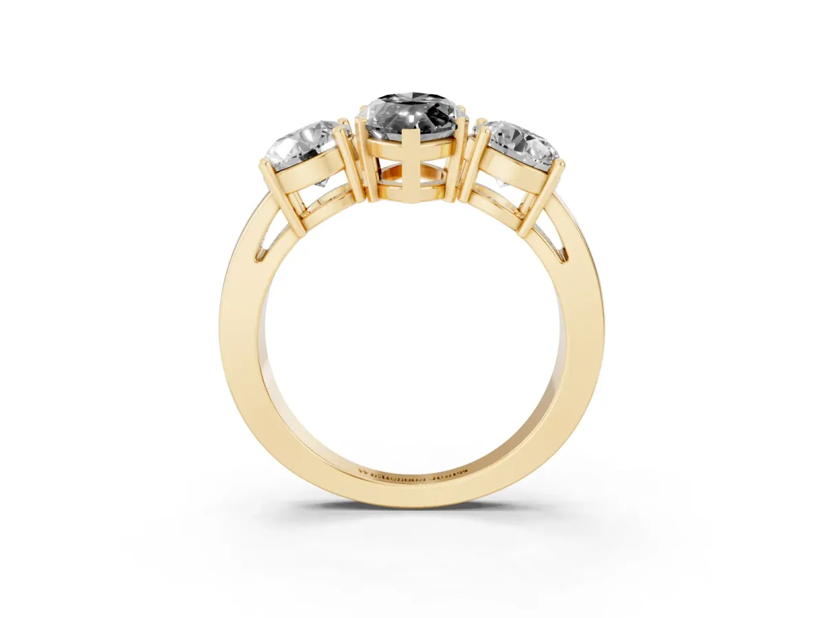 Fancy Black Three-Stone Marquise Cut Diamond Ring with Round Side Stones, Classic Band, and Four-Prong Setting Yellow gold