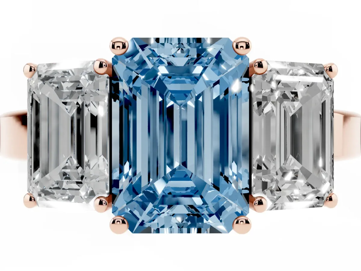 Fancy Blue Three-Stone Emerald Cut Cut Diamond Engagement Ring with Flat Band and Four-Prong Setting Rose gold