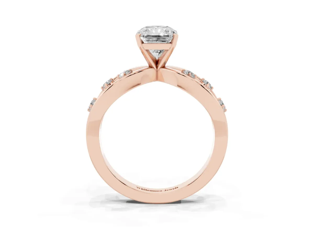 Radiant Cut Cut Solitaire Diamond with Side Stones on Criss-Cross Band and Four-Prong Setting Rose gold