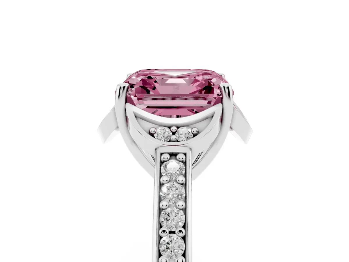 Fancy Pink Asscher Cut Cut Halo Diamond Ring with Channel Set Band and Four-Prong Setting White gold