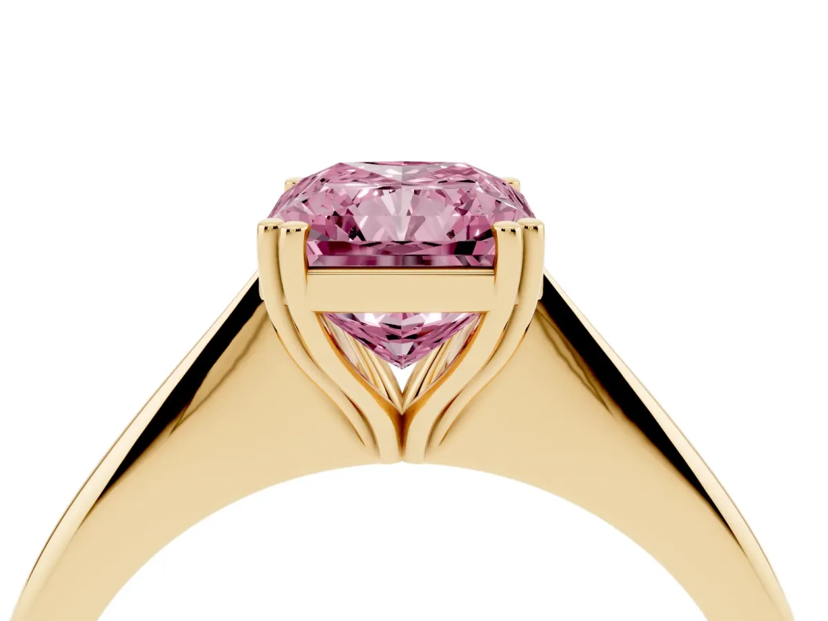 Fancy Pink Radiant Cut Solitaire Diamond Ring with Six-Prong Setting and Classic Band Yellow gold