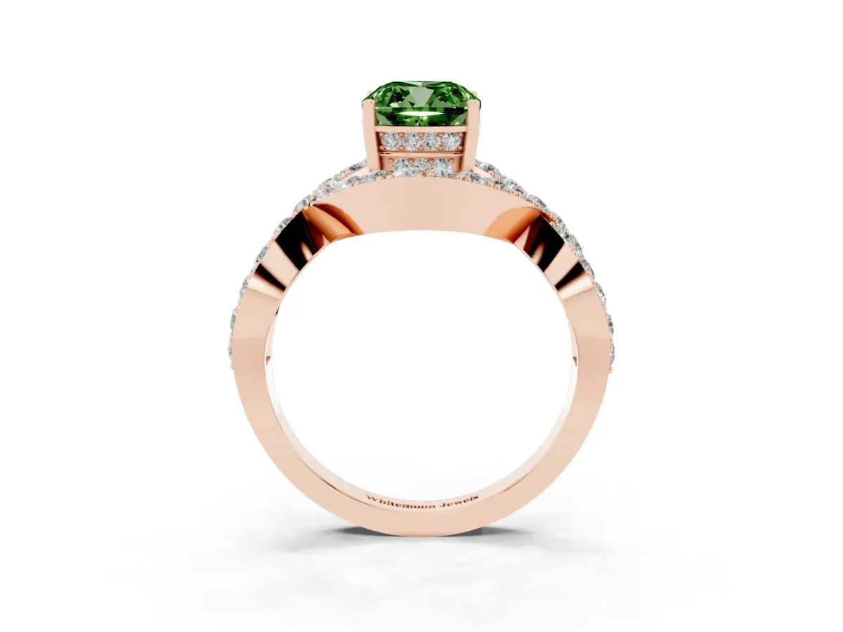 Fancy Green Cushion Cut Solitaire Twist Band Pavé Diamond Engagement Ring Rose gold