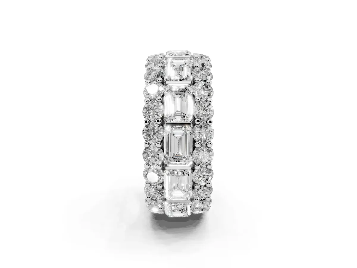 Emerald Cut and Round Diamond Three-Row Eternity Mens Band Platinum