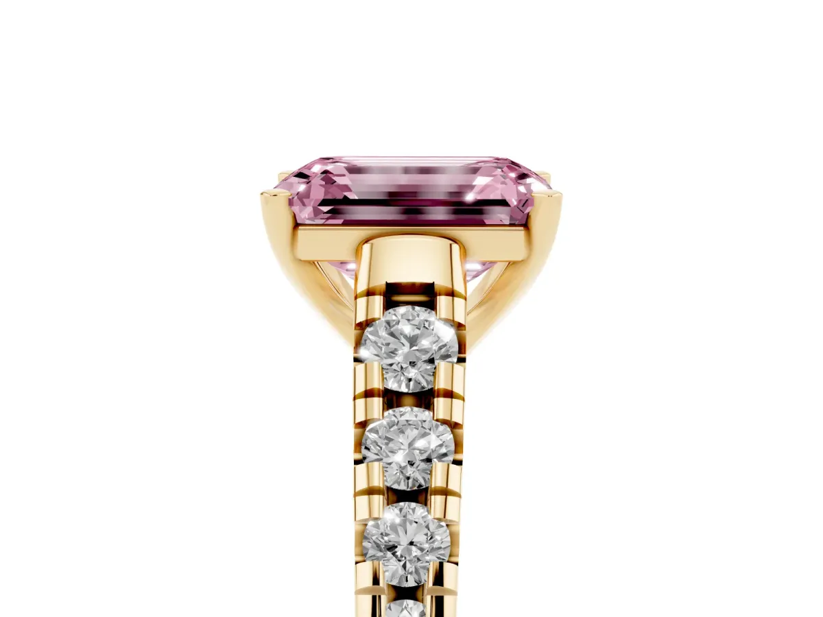 Fancy Pink Emerald Cut Diamond Cathedral Solitaire Ring with Round Pavé Band Yellow gold