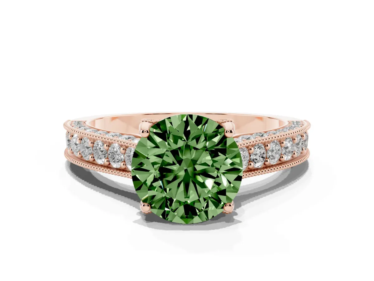 Fancy Green Round Cut Cut Diamond Solitaire Ring with Milgrain Pave Band and Four Prong Setting Rose gold